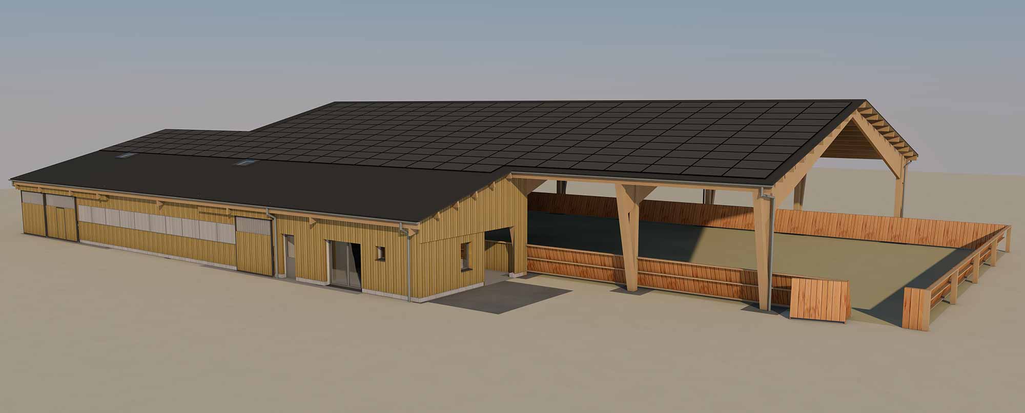 Visuel d'architecte du futur centre équestre en cours de réalisation sur la Saint-Etienne-Cantalès dans le Cantal.