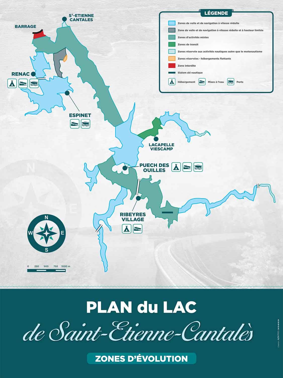 Plan de navigation du lac de barrage de Saint-Etienne-Cantalès
